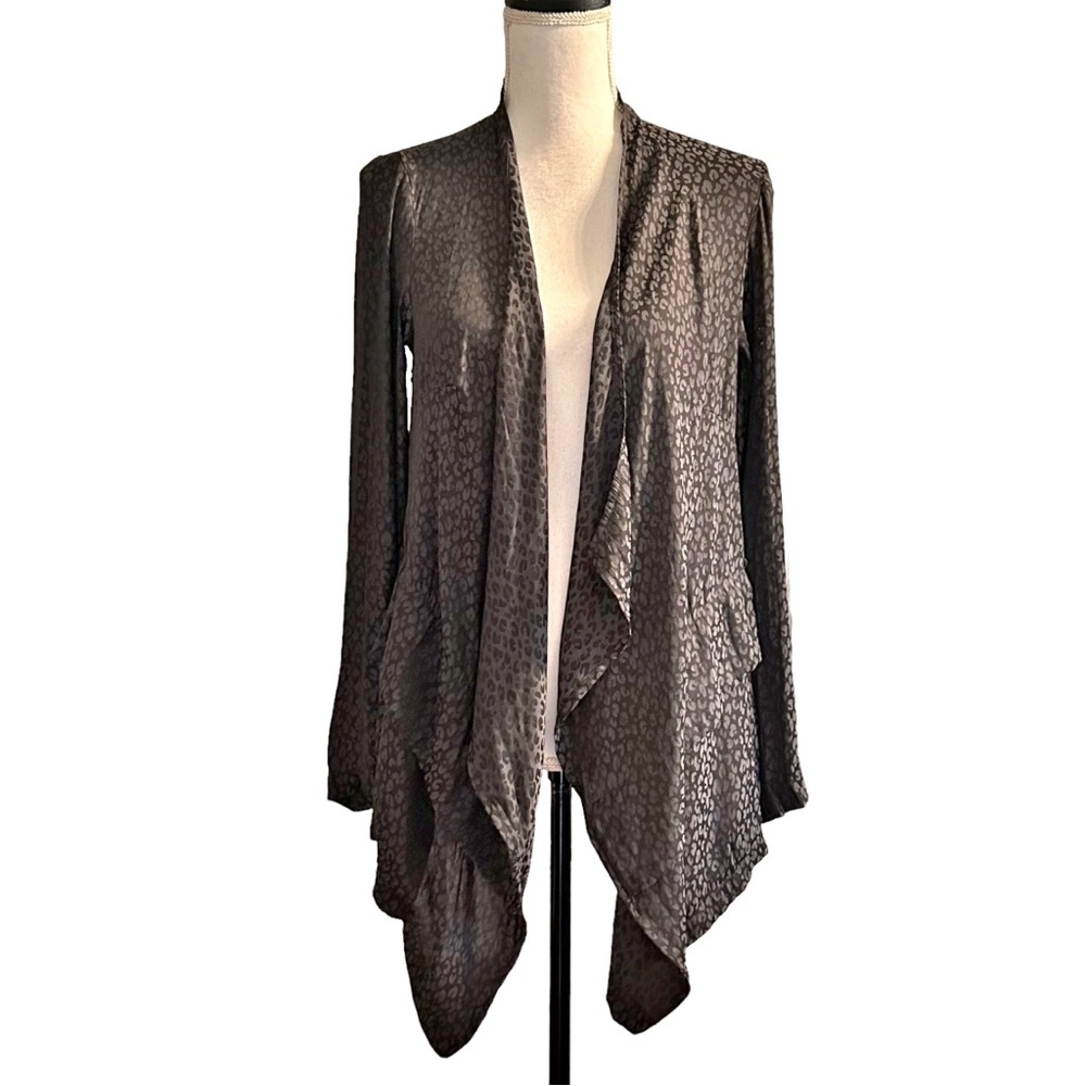 LOGO Lori Goldstein‎ Open Front Fly Away Knit Cardigan SZ XS Black Gray Leopard